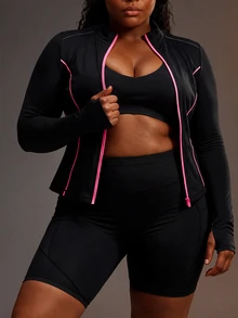 Powerista Women's Plus Size Black & Rose Red Contrast Trim Slim Fit Sports Jacket - Black - View 4