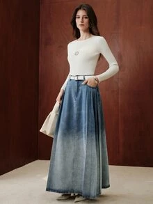 Anewsta Women's New Casual Fashion Gradient Washed Blue Jeans Long Skirt - Blue - View 4