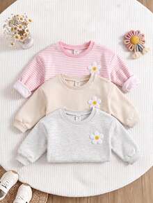 SHEIN 3件組可愛花卉拼接純色長袖秋冬女嬰衛衣 - 淺粉色 - 查看 8