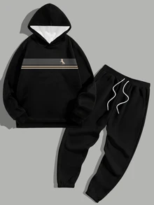 Manfinity Homme Minimalist Contrast Color Striped Patchwork Small Logo Silhouette Pattern Fashion Casual Print Men's Full-Print Hoodie Sweatshirt Set - Black - View 2