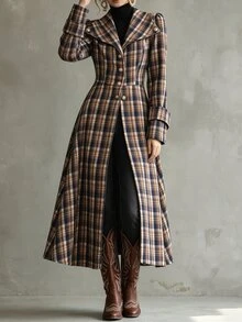 LUMIGAL Women's Wool Blend Long Coat With Large Lapel, Cinched Waist And Metal Button Decoration, Elegant Commuter Streetwear For Spring And Autumn - Multicolor - View 7