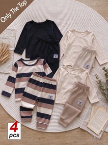 SHEIN Vintaside Kids 2件組男嬰上衣褲子套裝 海軍藍象牙白條紋羅紋針織拼接 長袖圓領套頭衫 鬆緊腰 秋冬時尚 - 彩色 - 查看 1