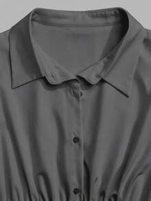 Sweetra 極簡休閒白色 Polo 領長袖連身褲，百搭修身收腰顯瘦襯衫上衣 - 灰色 - 查看 4