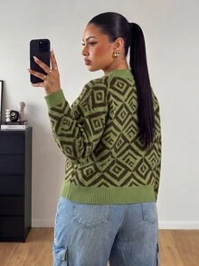 POPSWAY Plus Size Women's All-Over Print Casual Versatile Daily Wear Long Sleeve Sweater - Green - View 2
