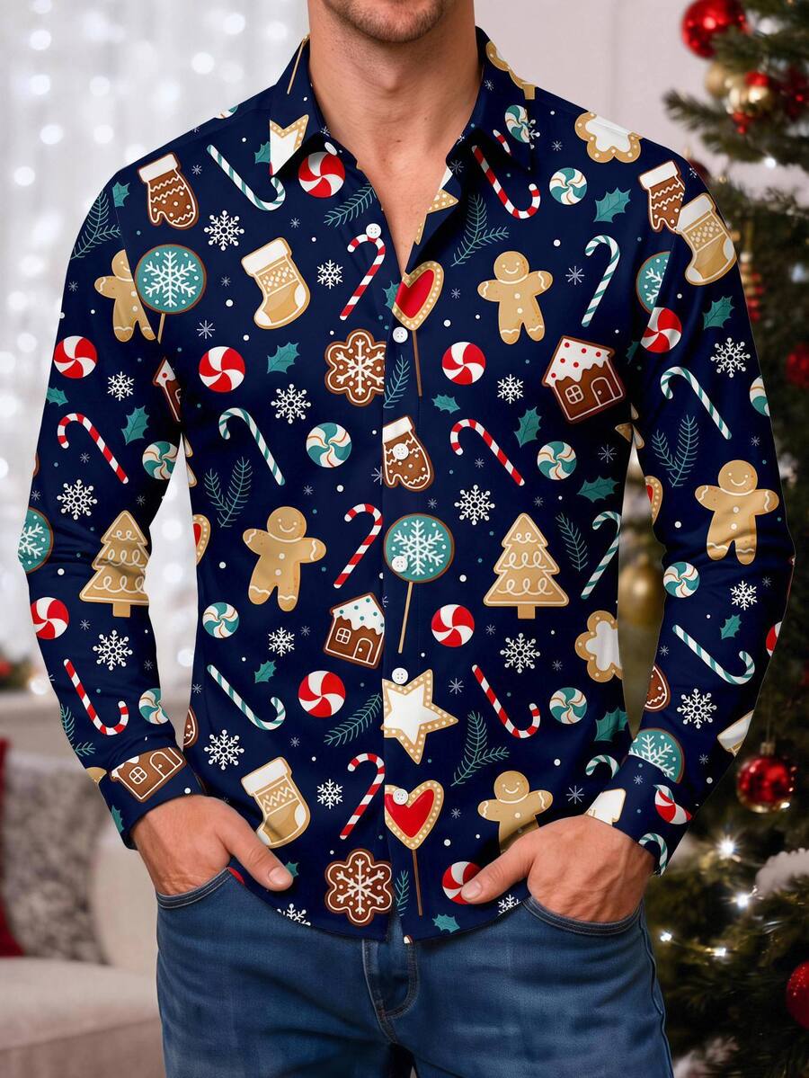 Manfinity Homme Men's Christmas Long Sleeve Shirt, Suitable For Couple Gathering, Boyfriend Gift - Blue - View 1