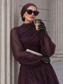Veilorie Women's Solid Color Round Neck Lantern Sleeve Pleated Elegant Long Dress - Burgundy - View 3