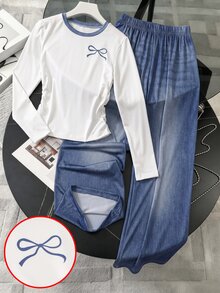 SHEIN 女童兩件式秋季套裝，印花蝴蝶結上衣搭配仿牛仔寬腿褲，融合休閒針織風格與復古氛圍 - 藍色 - 查看 1