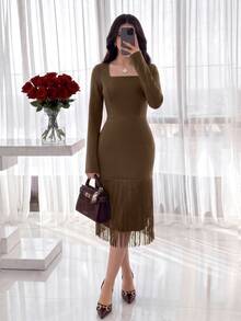 Feyla Women's Solid Color Tassel Design Casual Party Summer Mid-Length Dress - Brown - View 1