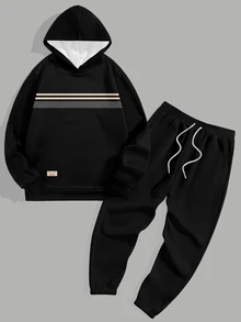 Sorvial Minimalist Colorblock Striped Patchwork Fashion Casual Full Print Men's Hoodie Sweatshirt Set - Black - View 2