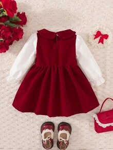 SHEIN 1件幼兒女嬰公主洋裝 酒紅白色蕾絲荷葉邊蝴蝶結天鵝絨長袖彼得潘領 秋冬派對正式芭蕾舞風 - 紅色 - 查看 2