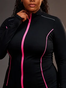 Powerista Women's Plus Size Black & Rose Red Contrast Trim Slim Fit Sports Jacket - Black - View 5