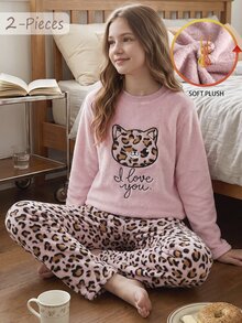 SHEIN 女童居家服套裝 粉色豹紋動物刺繡長袖上衣與豹紋滿版毛絨長褲套裝 - 粉色 - 查看 3