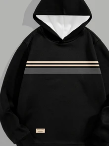 Sorvial Minimalist Colorblock Striped Patchwork Fashion Casual Full Print Men's Hoodie Sweatshirt Set - Black - View 3