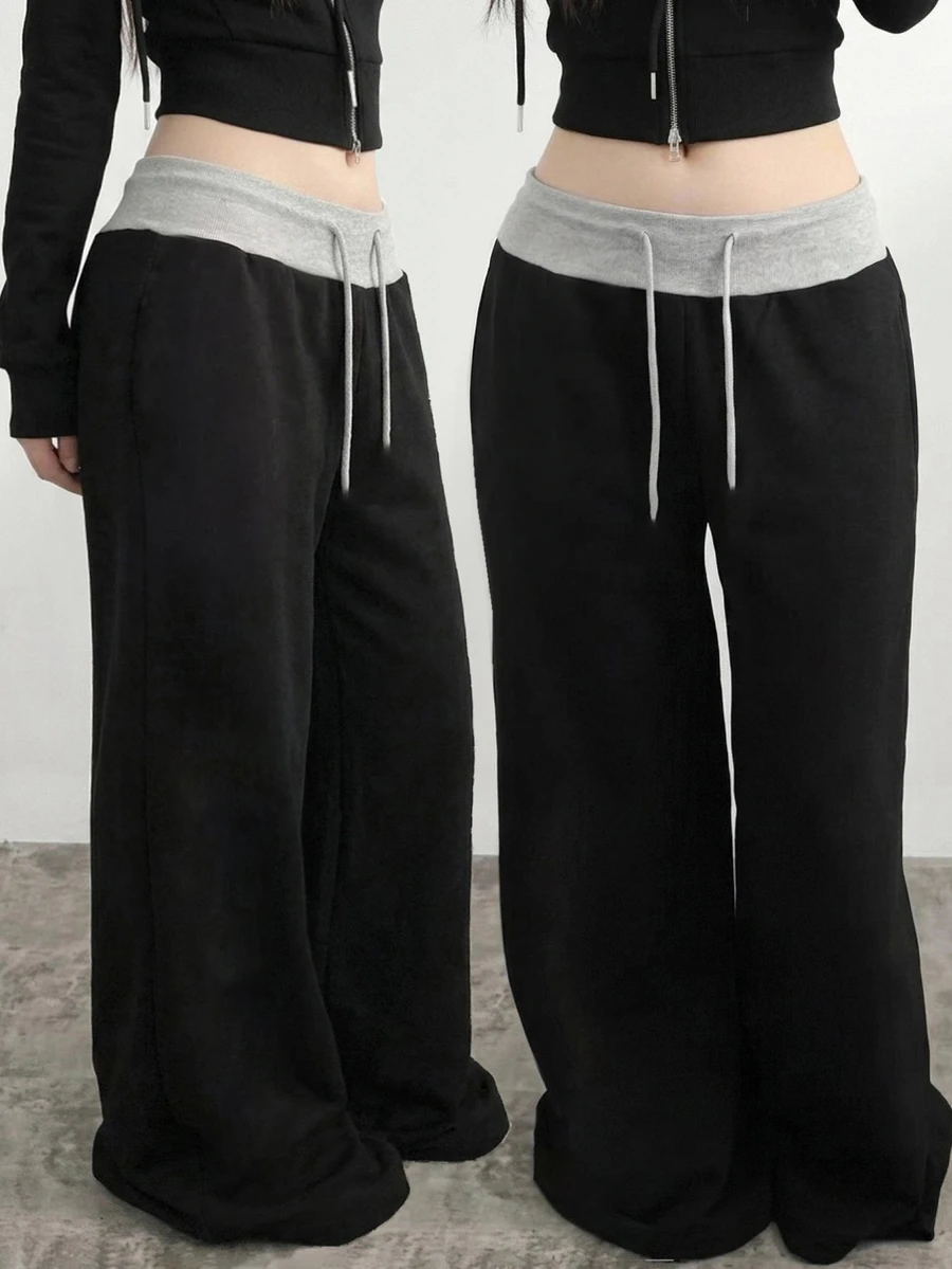 SHEIN 青少年女孩抽繩腰字母圖案休閒日常運動長褲 - 黑色 - 查看 1