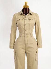 SHEIN Women's Long Sleeve Single-Breasted Cargo Pocket Denim Jumpsuit - Brown - View 5