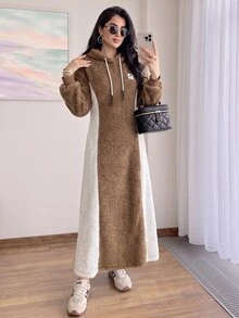 Solavon New Hooded Fleece Sweatshirt Dress With Waist Cinching Slimming A-Line Casual Everyday Versatile Style - Khaki - View 3