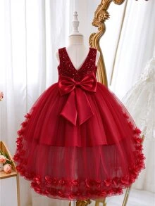 Glamorique Kids 女童金色亮片大蝴蝶結裝飾高低擺網紗花童禮服裙，優雅公主風婚禮生日派對喇叭裙 - 紅色 - 查看 8