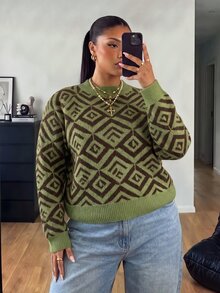 POPSWAY Plus Size Women's All-Over Print Casual Versatile Daily Wear Long Sleeve Sweater - Green - View 7