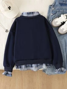 SHEIN 女童秋冬返校季 8-14歲 皇家藍休閒街頭風拼接襯衫領假兩件式長袖衛衣上衣，舒適柔軟極簡，適合春夏秋冬外出穿著，可作為禮物 - 藍色 - 查看 2