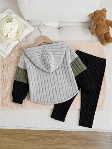 SHEIN 女嬰拼色拼接鬆款刷毛抓毛羅紋彈性布料連帽套頭上衣，秋季基礎款羅紋內搭褲，適合冬季 - 軍綠色 - 查看 2