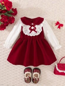 SHEIN 1件幼兒女嬰公主洋裝 酒紅白色蕾絲荷葉邊蝴蝶結天鵝絨長袖彼得潘領 秋冬派對正式芭蕾舞風 - 紅色 - 查看 1