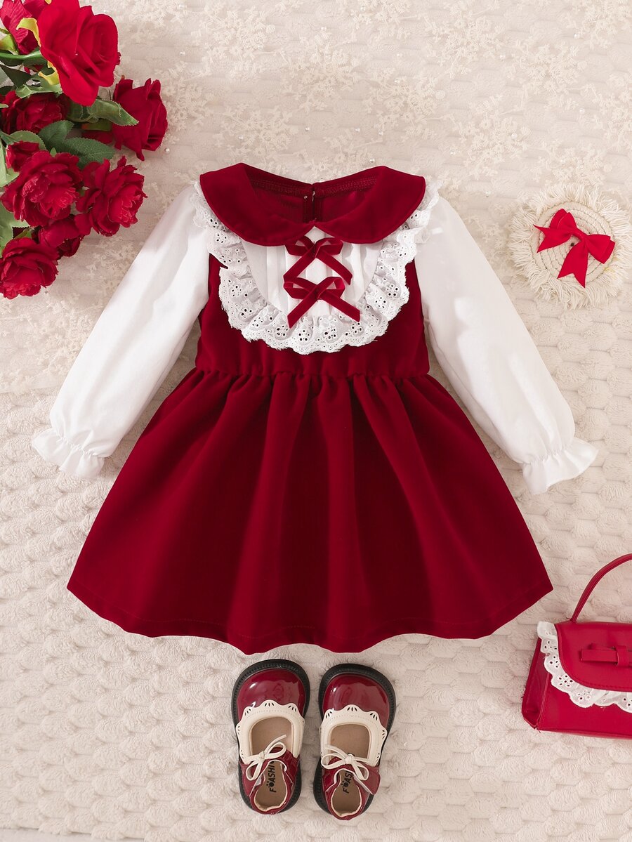 SHEIN 1件幼兒女嬰公主洋裝 酒紅白色蕾絲荷葉邊蝴蝶結天鵝絨長袖彼得潘領 秋冬派對正式芭蕾舞風 - 紅色 - 查看 1