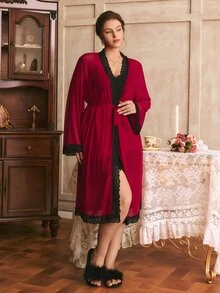 Côtesoire Sexy Elegant Contrast Color Hollow Lace Patchwork Comfortable Satin Camisole Nightgown And Sheer Mesh Tie-Up Robe Plus Size Sleepwear Set - Burgundy - View 5