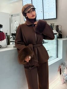 Solavon New Design Fluffy Cuff Waist-Tie Loose Fit Casual Versatile Elegant Warm 2 Pieces Set - Brown - View 1