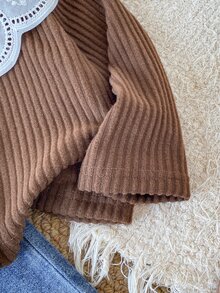 SHEIN 2pcs Toddler Baby Girl Cardigan Jeans Set Brown Solid Knit Ribbed Long Sleeve White Lace Floral Peter Pan Collar Birthday Party Fall Winter Autumn - Chocolate Brown - View 5