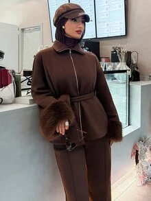 Solavon New Design Fluffy Cuff Waist-Tie Loose Fit Casual Versatile Elegant Warm 2 Pieces Set - Brown - View 4