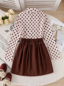 SHEIN Big Girls 2‑Piece Outfit Polka Dot Ribbed Mock Neck Long Sleeve Top & Corduroy Wrap Mini Skirt Fall Casual Tween Girl Set - Multicolor - View 5