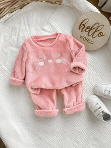 SHEIN 2件組新生女嬰抓絨套裝，可愛雙面天鵝絨衛衣與長褲，秋冬保暖，適合節日派對與日常穿著 - 淺粉色 - 查看 2