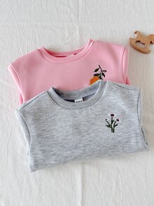 Loomiva 2件裝女嬰刺繡花卉與檸檬圖案軟針織圓領長袖套頭衛衣，適合秋冬 - 淺粉色 - 查看 7