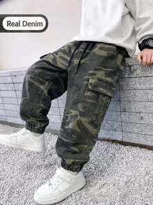 SHEIN 小男孩復古休閒街頭風多口袋寬鬆舒適鬆緊腰抽繩收口牛仔工裝長褲 秋季 - 彩色 - 查看 1