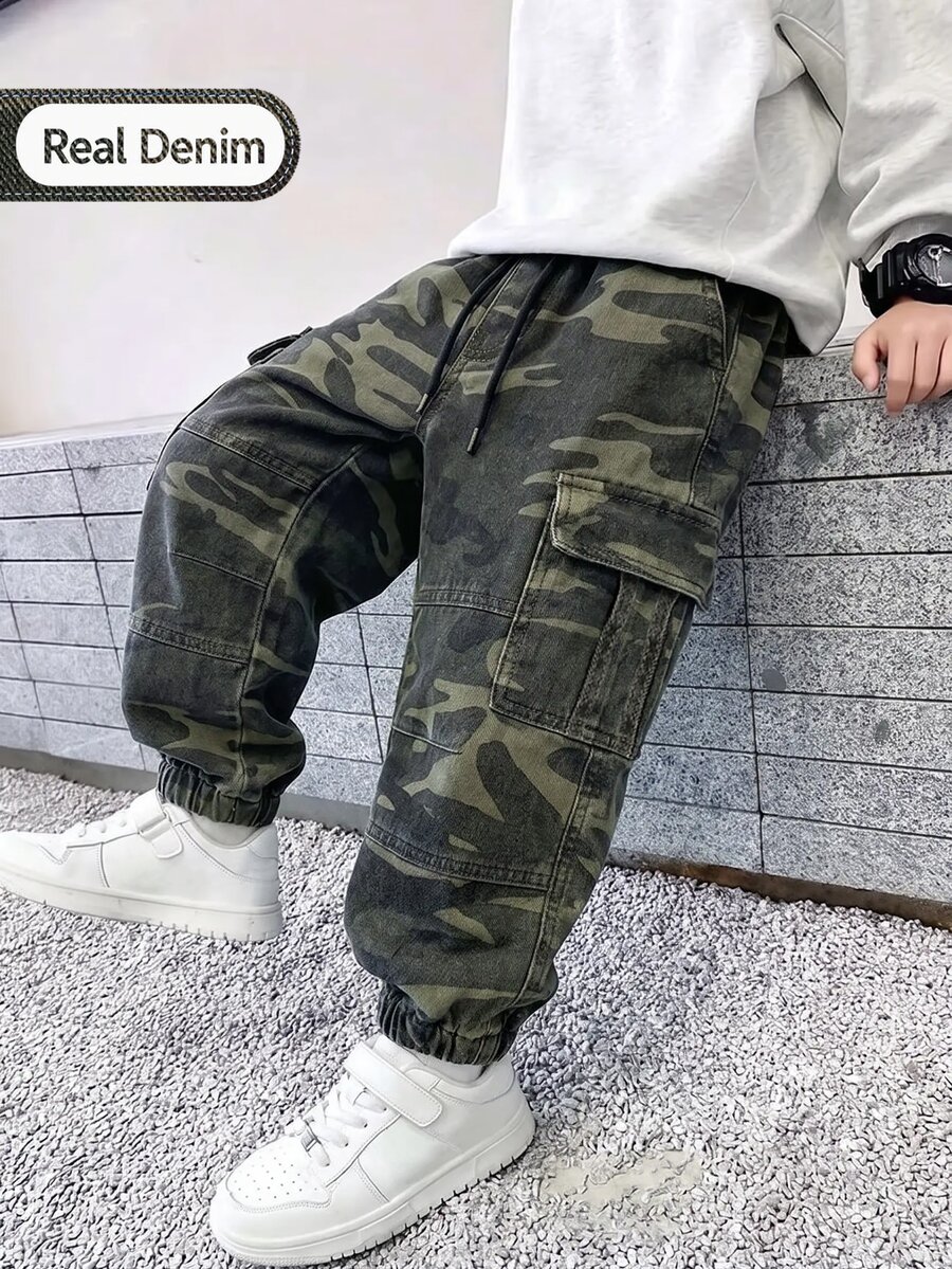 SHEIN 小男孩復古休閒街頭風多口袋寬鬆舒適鬆緊腰抽繩收口牛仔工裝長褲 秋季 - 彩色 - 查看 1