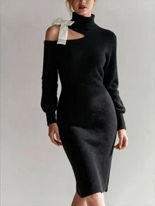 Penseblé Elegant High Neck Bow One-Shoulder Long Sleeve Slim Fit Bodycon Sweater Dress For Women - Black - View 4