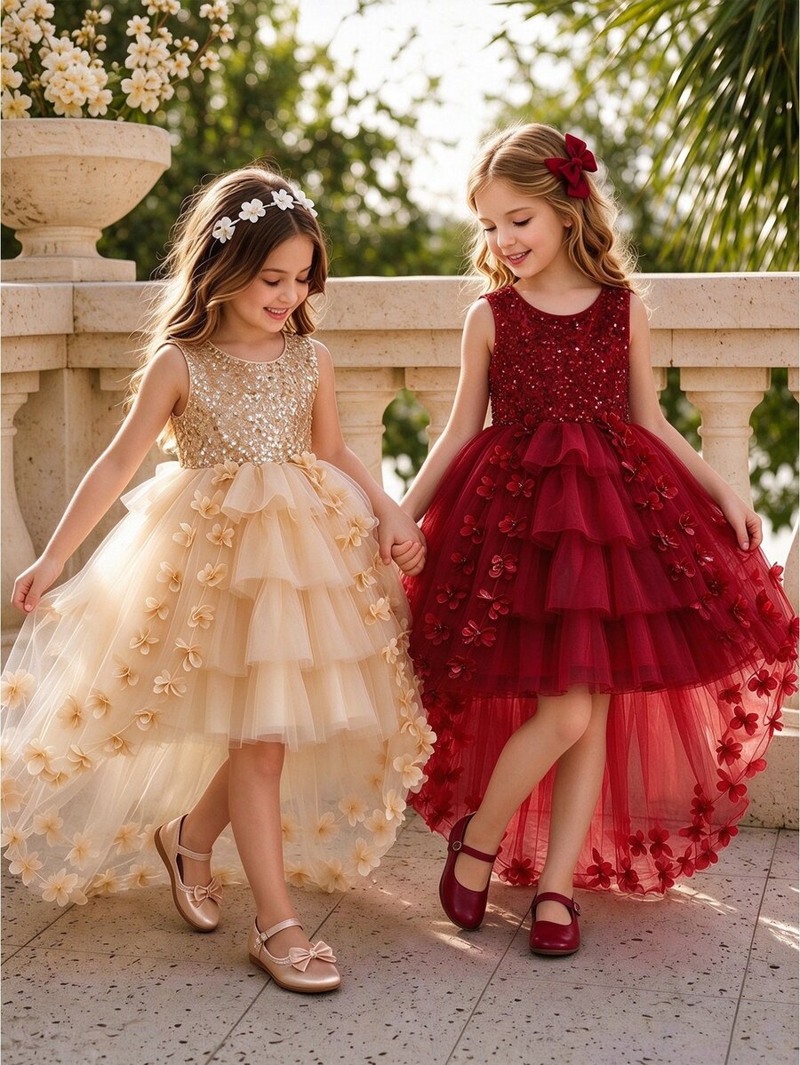 Glamorique Kids 女童金色亮片大蝴蝶結裝飾高低擺網紗花童禮服裙,優雅公主風婚禮生日派對喇叭裙 - 紅色 - 查看 1