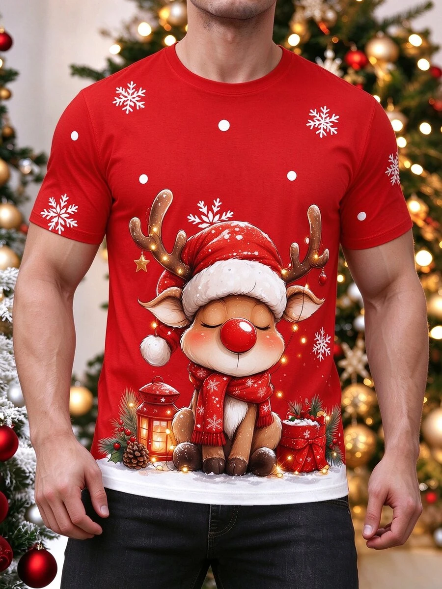 Manfinity Homme Christmas Red Men's T-Shirt, Suitable For Christmas Outfit, Couple Matching, Thoughtful Gift For Boyfriend/Husband - Red - View 1