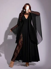 Viva Relle Plus Size Women's Autumn/Winter Black V-Neck Evening Gown, Mesh Flutter Sleeves, Side Lace Slit, Formal Party Dress - Black - View 1