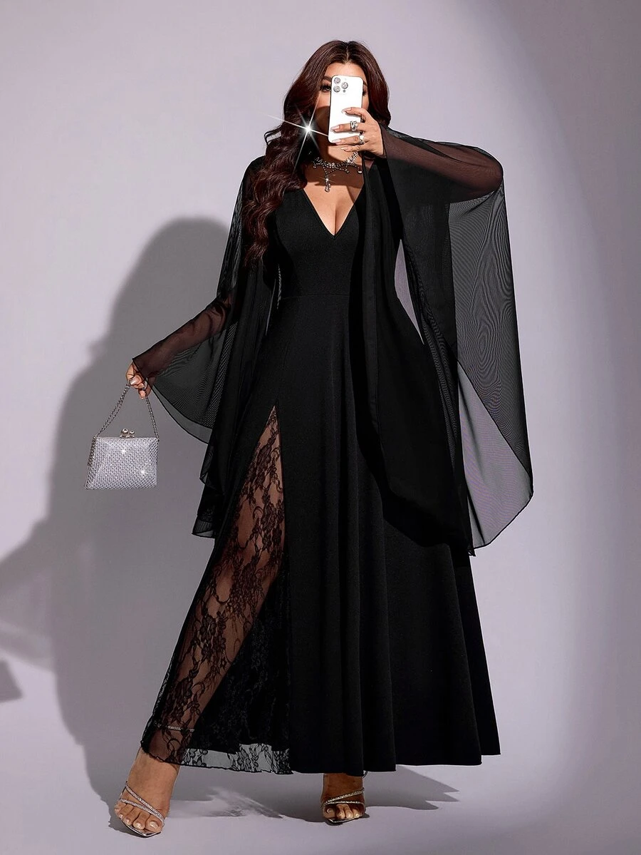 Viva Relle Plus Size Women's Autumn/Winter Black V-Neck Evening Gown, Mesh Flutter Sleeves, Side Lace Slit, Formal Party Dress - Black - View 1