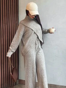Solavon Women's Solid Color Stand Collar Long Sleeve Top And Pants Knit 2 Pieces Set - Grey - View 8