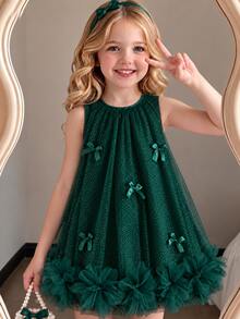 SHEIN Elladie kids 1件少女夏季無袖銀箔裝飾洋裝，甜美可愛風，優雅海灘度假穿搭，適合秋季 - 墨綠色 - 查看 3