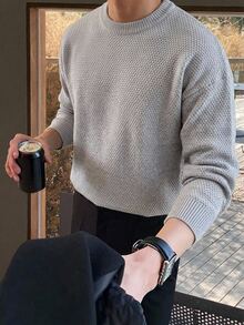 Manfinity Hypemode Men's Solid Color Crew Neck Long Sleeve Casual Versatile Sweater - Light Grey - View 1