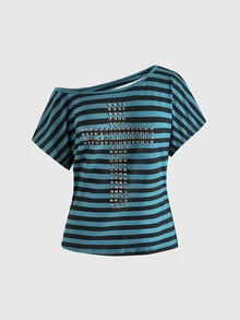 ROMWE Grunge Punk Y2K Punk Cross Rivet Design Back Burnout Hollow Loose Striped T-Shirt Solid Color Versatile - Dark Green - View 2