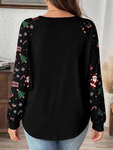 SHEIN VCAY Plus Size Women's Casual Raglan Sleeve Crew Neck Loose Fit T-Shirt Suitable For Spring And Autumn - Multicolor - View 2