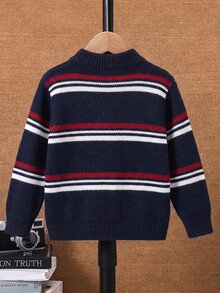 SHEIN Little Byeori 兒童小男孩秋冬休閒百搭日常通勤拼色條紋圓領套頭毛衣，適合通勤、上學、日常休閒、運動、旅行、街頭風，秋冬季節，聖誕節 - 黑色 - 查看 3