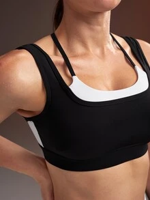 Powerista Women's Black & White Double Strap Sports Bra + Sports Shorts Set - Black and White - View 4