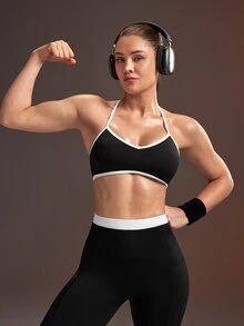 Powerista Women's Black And White Spaghetti Strap Sports Bra - Black - View 1