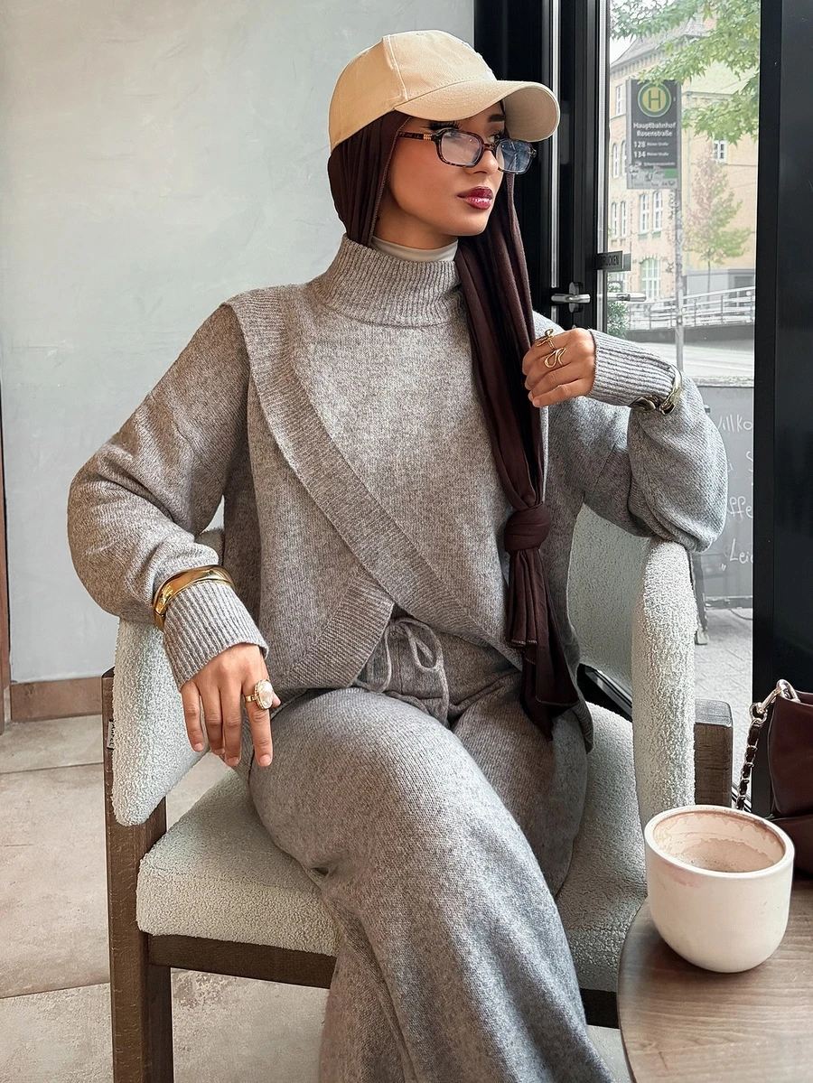 Solavon Women's Solid Color Stand Collar Long Sleeve Top And Pants Knit 2 Pieces Set - Grey - View 1