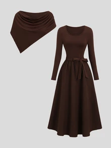 Sweetra Women's Solid Color Pleated Elegant Waist-Cinching Party Dress - Coffee - View 6